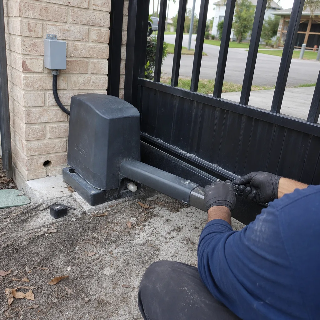 Technician performing electric gate motor repair and maintenance on a driveway