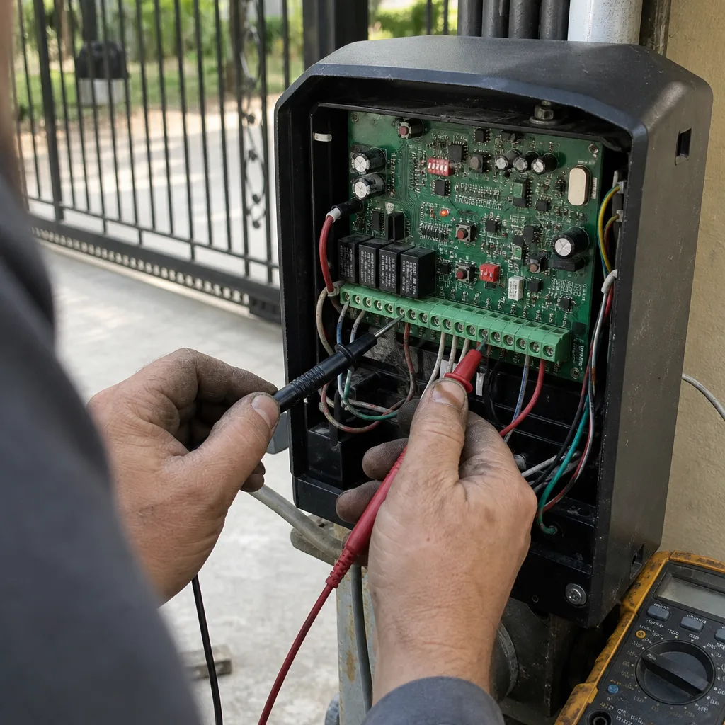 Technician using a multimeter to repair an electric gate control board.