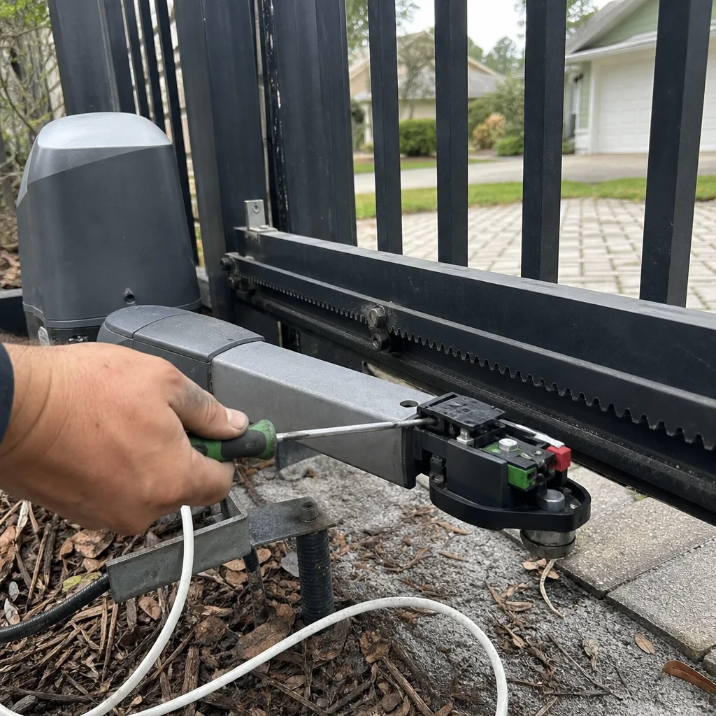 Technician performing professional electric sliding gate repair and maintenance