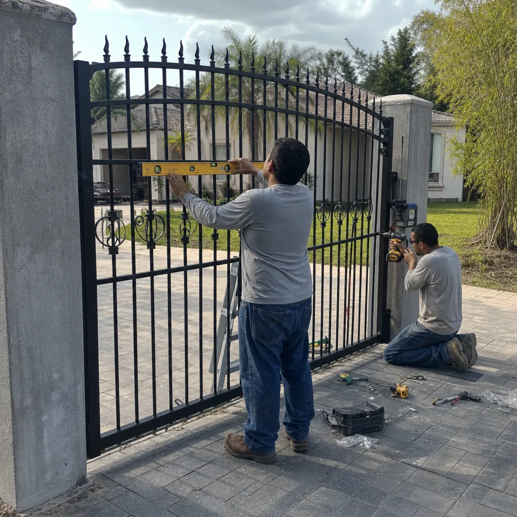 Two technicians installing a black metal gate at a house